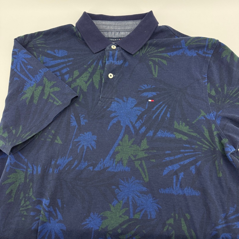 Tommy Hilfiger Shirt Mens XL Custom Fit Navy Blue Tropical Palm Tree Pique